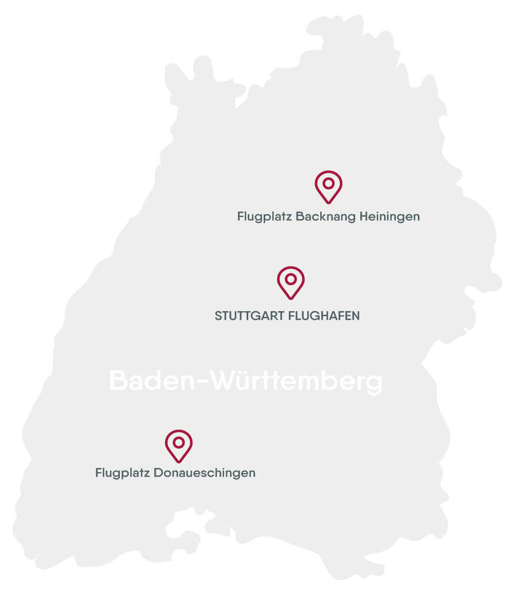 Übersicht der Standorte der Flugschule Südwest in Baden-Württemberg